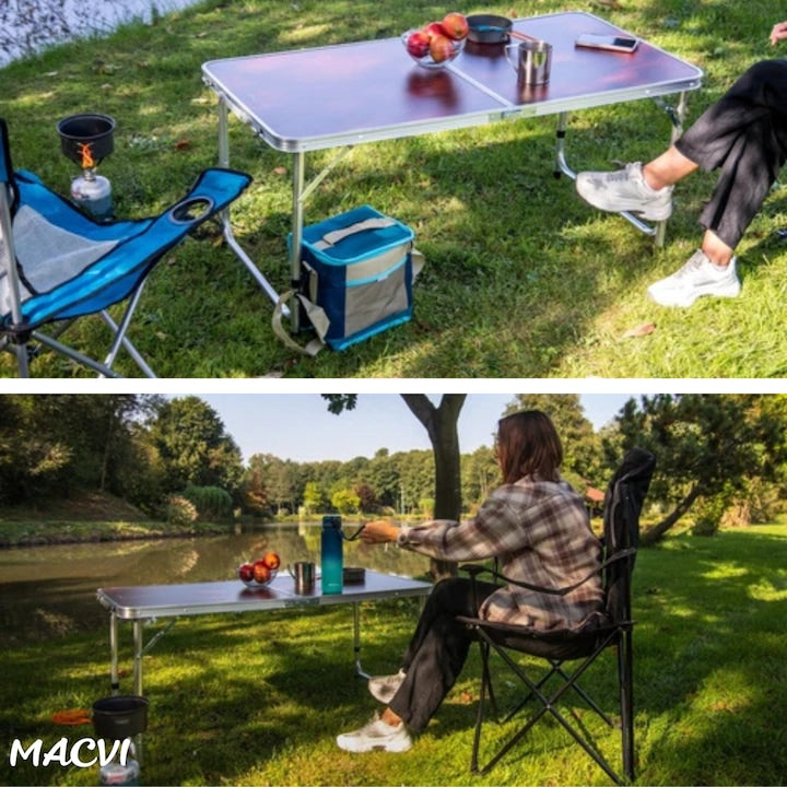 Masa pliabila camping Macvi® Meteor, aluminiu usor, blat MDF 120x60 cm, reglabila pe inaltime, portabila tip valiza