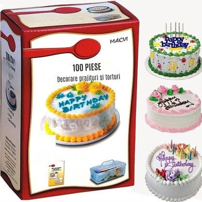 Kit 100 piese Macvi® pentru decorarea prajiturilor si torturilor, accesorii profesionale