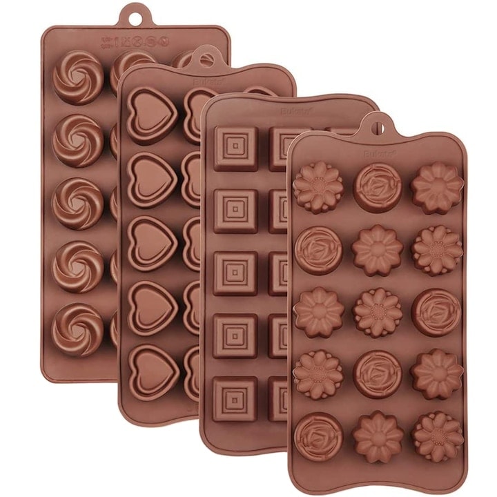 Set 4 Forme Ciocolata Silicon Macvi®, Antiaderente, Flexibile, BPA Free, Pentru Bomboane, Pralitine, Gheata, Maro