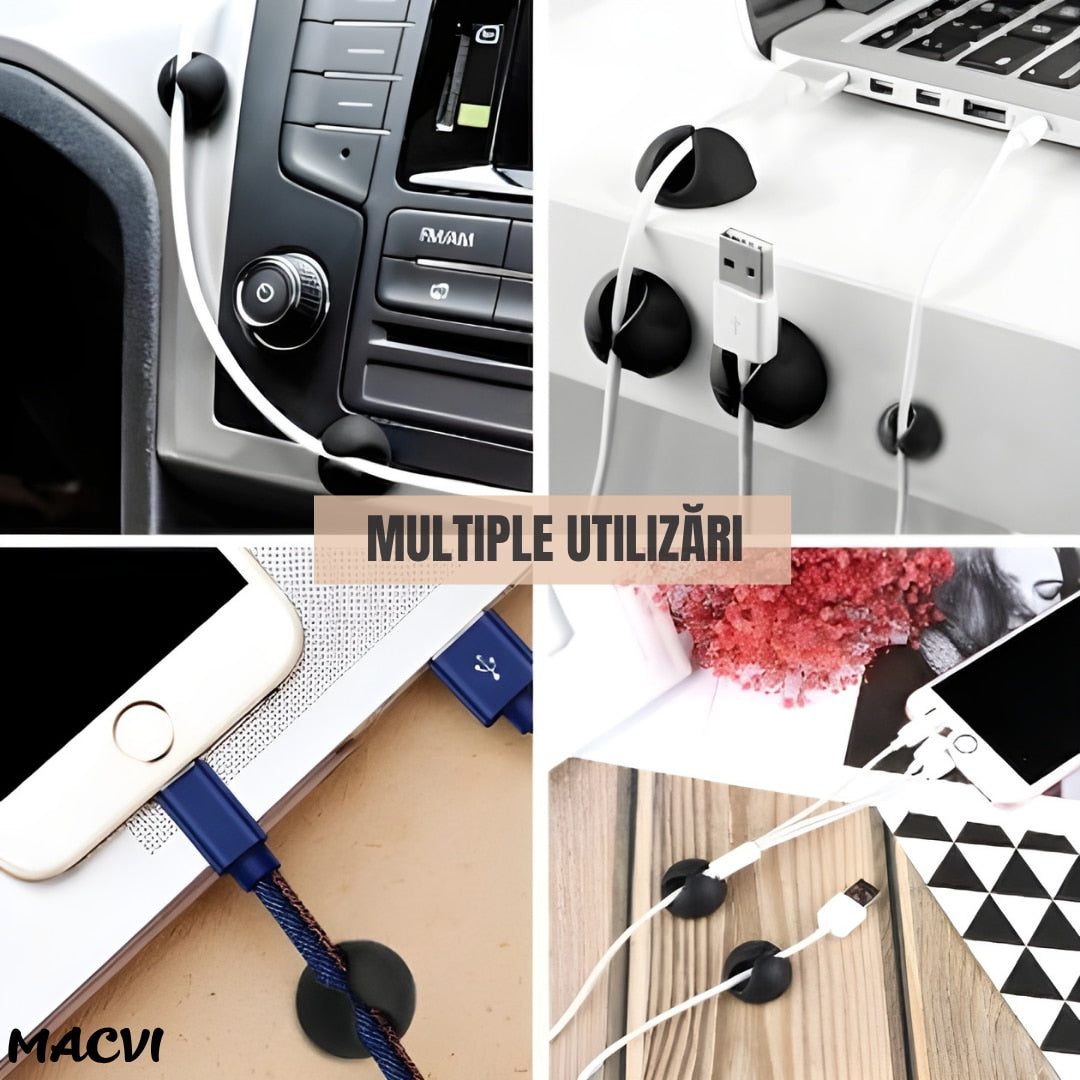 Set Macvi® suport organizare cabluri, 10 bucati, 5 dimensiuni diferite, autoadeziv, negru