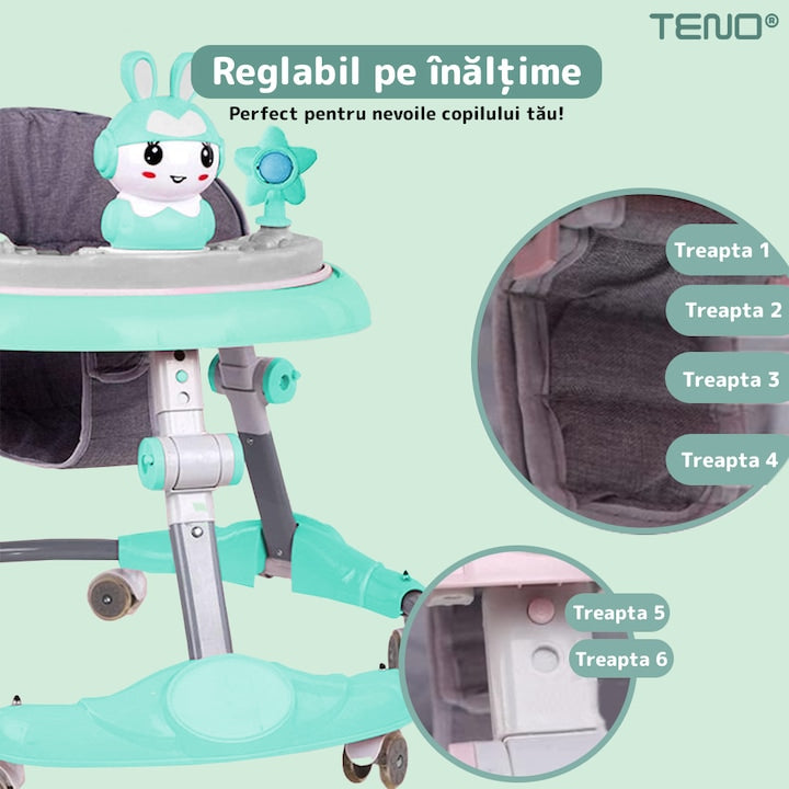 Premergator Multifunctional pentru Bebelusi Teno®, tava cu 3 jucarii, muzica, reglabil, pliabil, greutate max 20kg, 6-36 luni, verde
