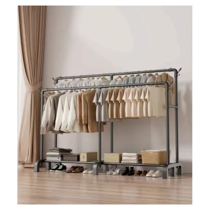 Cuier pentru Haine Macvi®, Suport Metalic pentru Haine 190 × 59 cm, 8 Agatatori, Structura din Otel, Design Modern, Negru