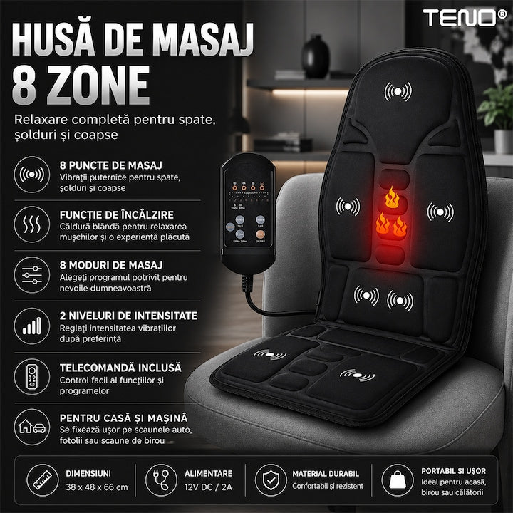 Saltea Masaj pentru Scaun Auto Teno®, 8 moduri, intensitate reglabila, functie de temporizare, pentru casa/masina, telecomanda incorporata, negru