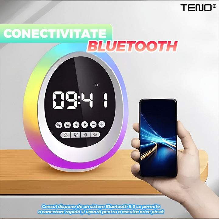 Ceas Desteptator Multifunctional Teno®, Bluetooth, functie de alarma, functie de radio, lumini RGB, autonomie ridicata, oval