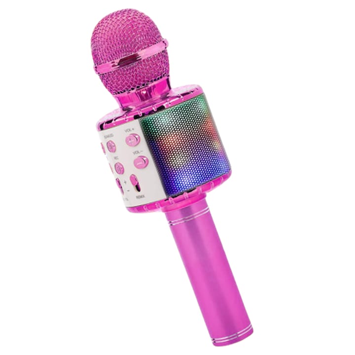 Microfon Karaoke Multifunctional pentru Copii, Teno®, boxa integrada, mod schimbare voce, stereo, slot card memorie/aux, lumini, roz