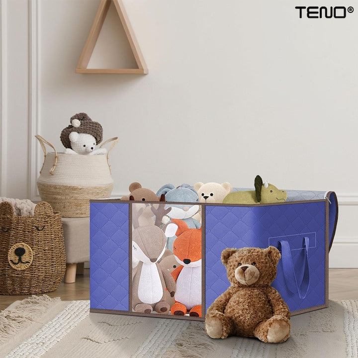 Cutie Depozitare si Organizare Teno®, pliabila, maner ranforsat si fereastra transparenta, pentru haine/paturi/ plapumi/ perne/ lenjerii de pat/jucarii, 84 L, 60x 40x 35 cm, albastru