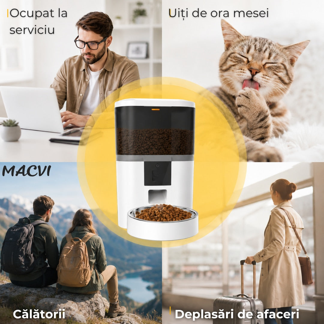 Dozator Automat Hrana Animale Macvi® 6L Conectare Baterii(neincluse) sau Priza, Control din Telefon, WiFi, Vas Inox, Programare Mese pentru Caini si Pisici