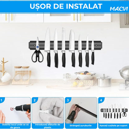 Suport Magnetic pentru Bucatarie MACVI, 38x5cm, Argintiu, Magnet Dublu Puternic, Montaj pe Perete