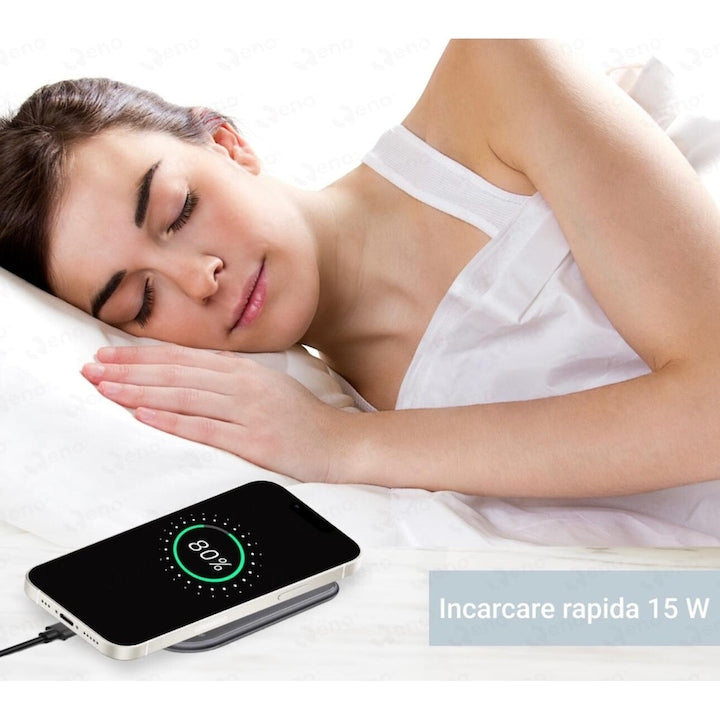 Incarcator wireless, Macvi, 15W, aluminiu, sticla 2.5D, negru, 10cm