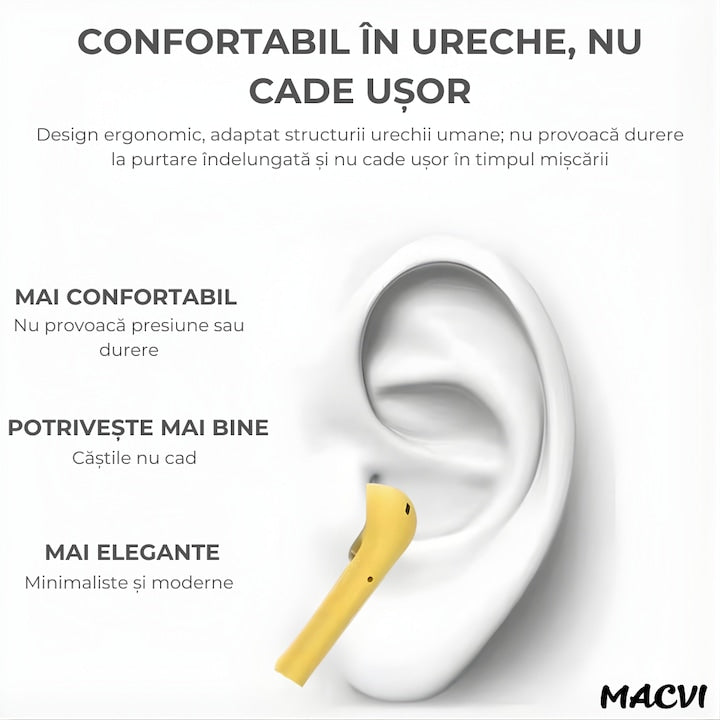 Casti wireless Macvi® Freepods i18, Bluetooth 5.0, Touch Control, HiFi Sound, galben
