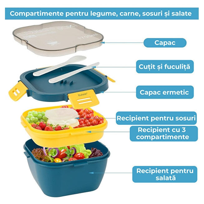 Caserola Alimentara Macvi® 1.7L cu 4 Compartimente si Recipient Sos Lunch Box BPA Free