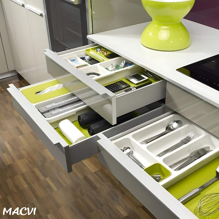 Suport modular extensibil Macvi® pentru tacamuri, 29-48 cm, ABS, alb-verde, organizator sertare