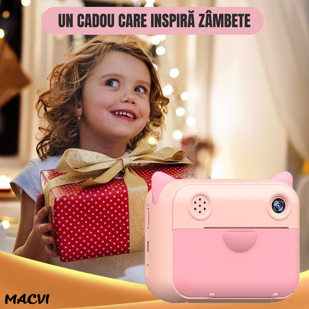 Aparat Foto pentru Copii Macvi® cu Imprimare Instant, Ecran 2.4 inch, 20 Mpx, Full HD 1080P, Selfie, Jocuri, Reincarcabil, 1 rola hartie inclusa, Roz