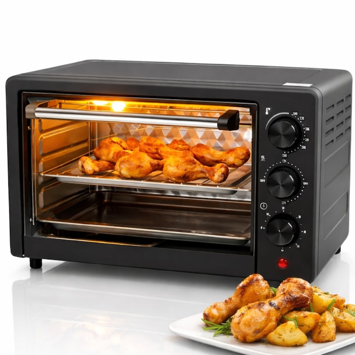Cuptor Electric de Bucatarie Macvi® 2600W, 48L, Temperatura Reglabila 250°C, 4 Moduri Incalzire, Tava de Copt, Gratar, Functie Rotisor