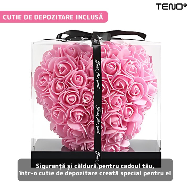 Inimioara din Trandafiri de Spuma Teno®, floral roz, handmade, cutie transparenta, eleganta si naturala, nemuritoare, 17 cm