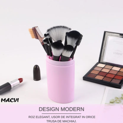 Set Macvi® 12 Pensule Machiaj cu Cutie pentru Depozitare, Design Modern Roz, Peri Sintetici de Inalta Calitate, Ideal pentru Machiaj Profesional si de Zi cu Zi