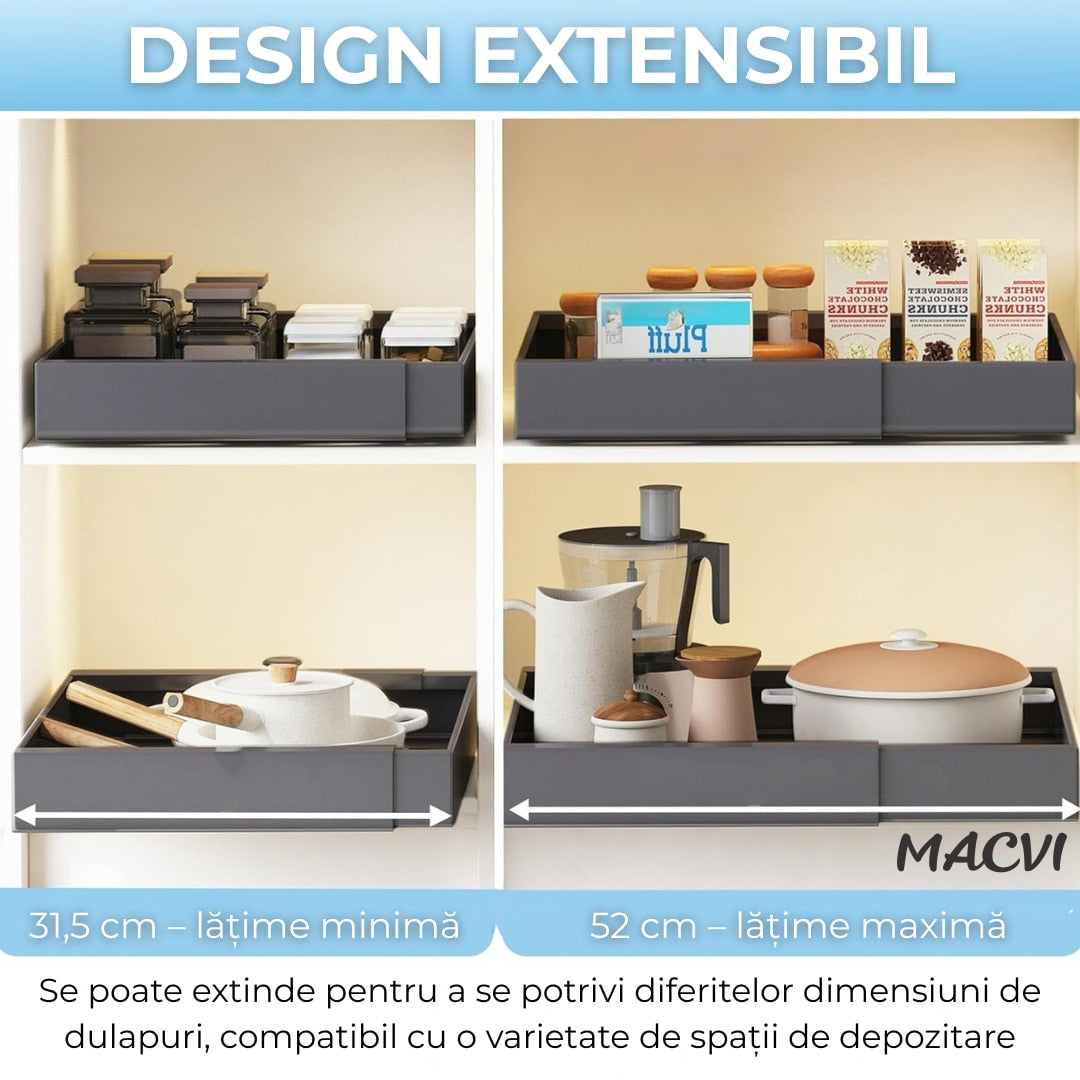 Organizator extensibil Macvi® pentru dulapuri, metal, sertar glisant, montare adeziva, capacitate mare, gri