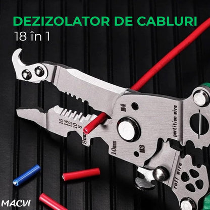 Patent multifunctional Macvi® 12-in-1 cu sertizor pentru cabluri cleste pliabil din otel pentru dezizolare, taiere si sertizare fire, design ergonomic pentru lucrari electrice