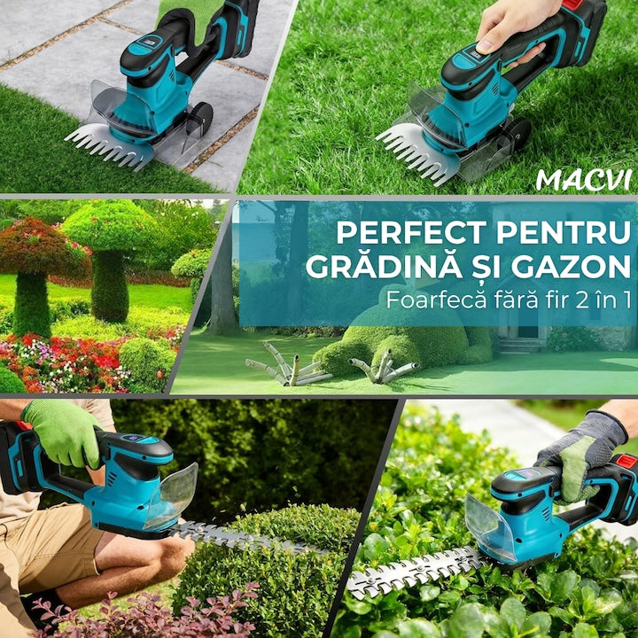 Set Multifunctional 6 in 1 Macvi 48V, Motocoasa, Mini Drujba, Foarfeca Gard Viu, Foarfeca Gazon, Foarfeca Electrica, Suflanta Frunze, Tija Telescopica, 2 Acumulatori Li-Ion, Motor Brushless