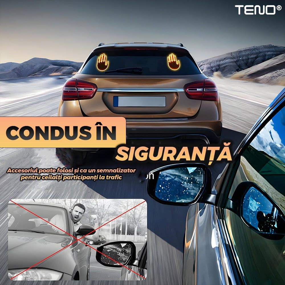 Semn LED Auto cu Telecomanda Teno®, design mana, 4 moduri de utilizare, efect vizual stralucitor, iluminare puternica, compatibilitate universala, negru/portocaliu