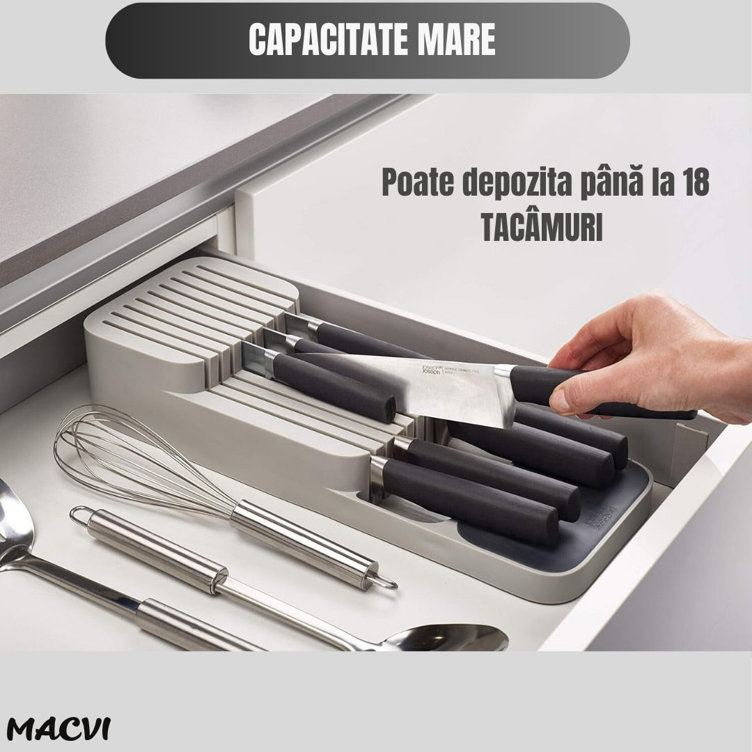 Suport sertar pentru cutite Macvi® organizator compact depozitare sigura material durabil design ergonomic stabilitate sporita economie de spatiu, alb