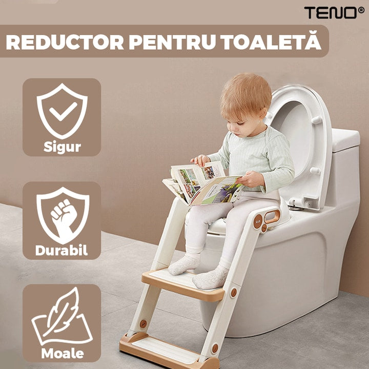 Reductor WC cu Scara Teno®, antiderapant, pentru copii cu varsta pana la 7 ani, protectie impotriva stropilor, 2 trepte, reglabil pe inaltime, manere de sustinere, alb/rose gold