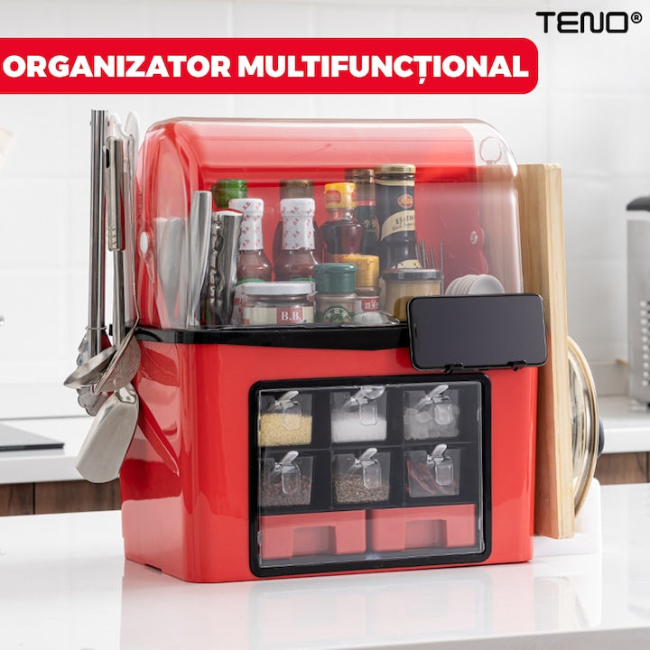 Organizator Multifunctional pentru Bucatarie Teno®, suport sticle, rafturi pentru condimente, cuier pentru ustensile, suport cutite, 46 x 26 x 43 cm, rosu