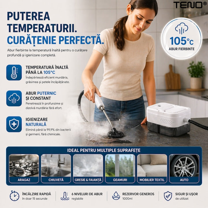 Steam Cleaner portabil Teno®, curatare cu abur 105°C, 6 nivele reglabile, rezervor 1000ml, incalzire rapida 15s, fara chimicale, multisuprafete