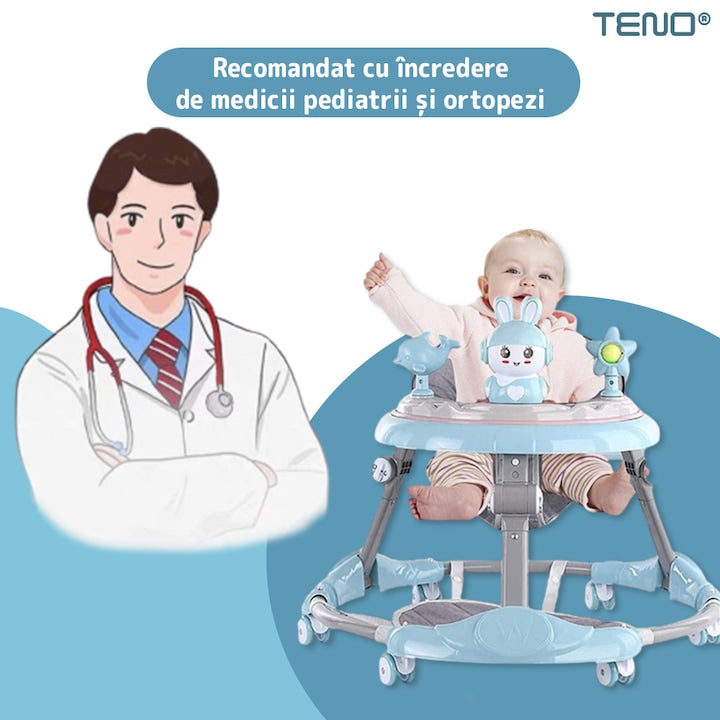 Premergator Multifunctional pentru Bebelusi Teno®, tava cu 3 jucarii, muzica, reglabil, pliabil, greutate max 20kg, 6-36 luni, albastru