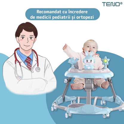 Premergator Multifunctional pentru Bebelusi Teno®, tava cu 3 jucarii, muzica, reglabil, pliabil, greutate max 20kg, 6-36 luni, albastru