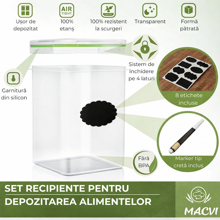 Set 36 organizatoare/recipiente Macvi® pentru depozitare alimentara, etanse, design minimalist, fara BPA, stocabile, cu etichete si lingurite incluse