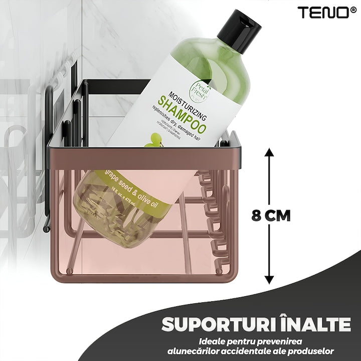 Set 2 Rafturi pentru Dus Teno®, depozitare si organizare, baie/bucatarie, otel inoxidabil, montare adeziva, rezistenta ridicata, cuiere incorporate, suporturi inalte, negru