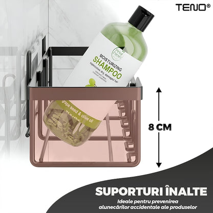 Set 2 Rafturi pentru Dus Teno®, depozitare si organizare, baie/bucatarie, otel inoxidabil, montare adeziva, rezistenta ridicata, cuiere incorporate, suporturi inalte, negru
