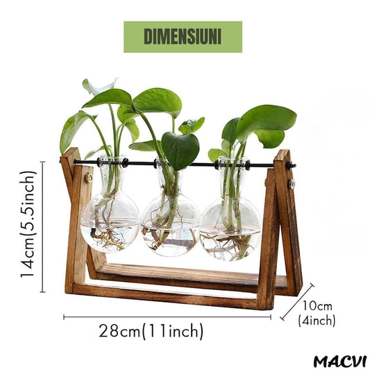 Vaza decorativa Macvi®, hidroponica cu 3 recipiente din sticla, suport din lemn pliabil, bej/transparent, 28x13.5 cm