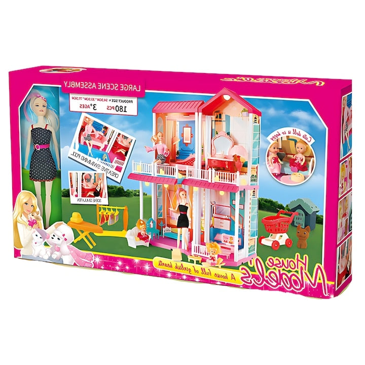 Casuta pentru papusi Macvi® 180 piese, multicolora, usor de asamblat, stimuleaza creativitatea si coordonarea, recomandata copii 3+
