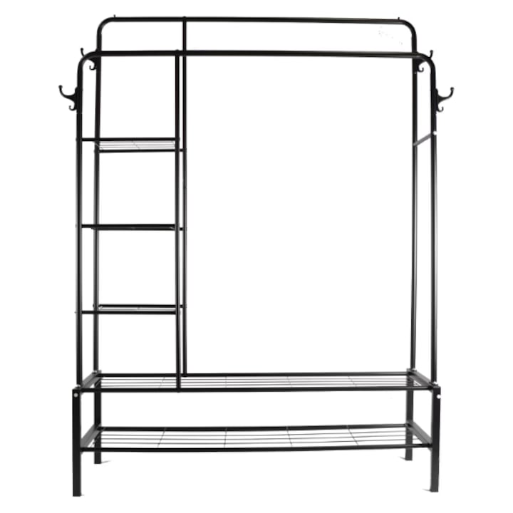 Cuier pentru Haine Macvi®, Suport Haine XXL 160 x 160 cm, Structura Metalica Ranforsata, Rafturi pentru Pantofi si Depozitare, Negru