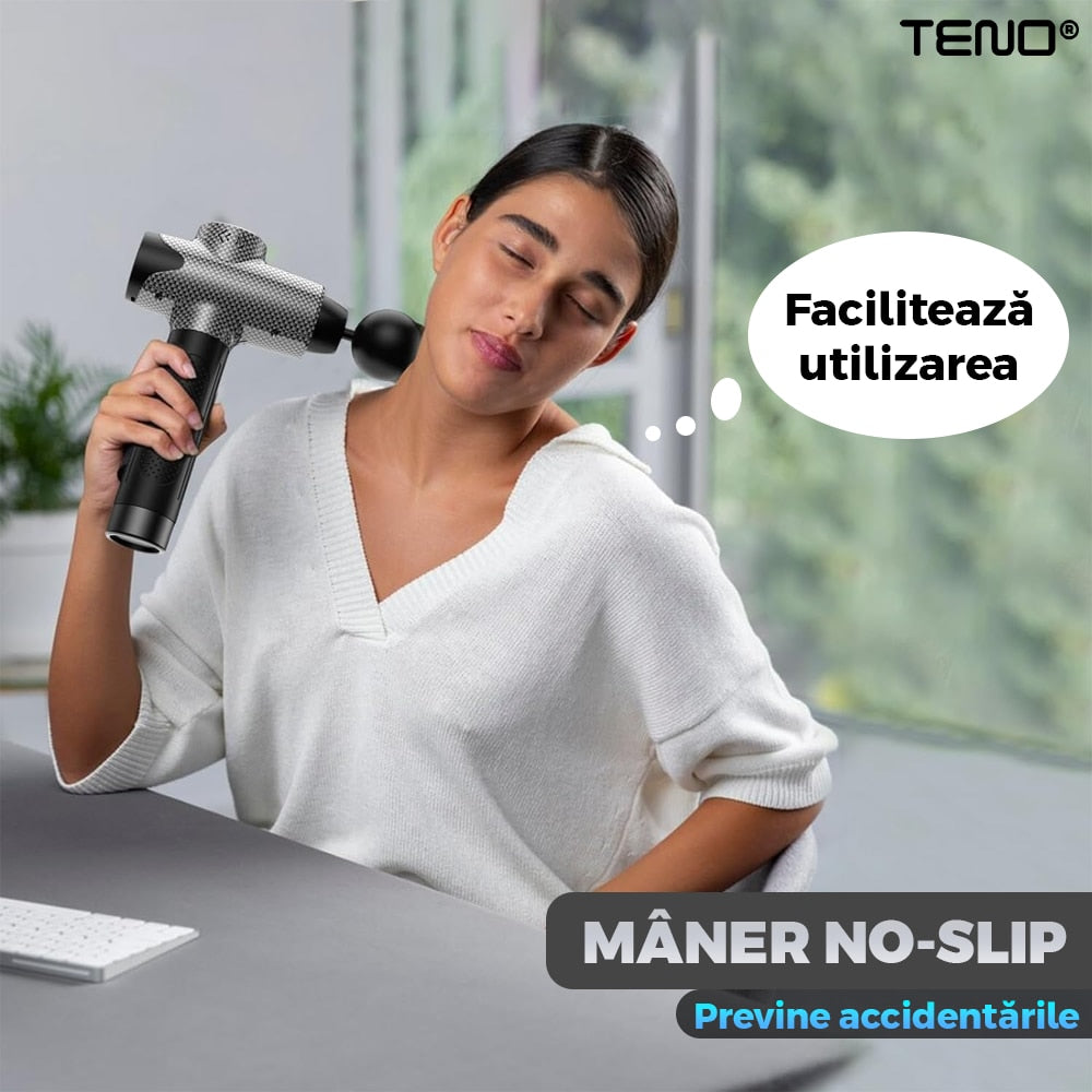 Aparat Profesional pentru Masaj tip Pistol Teno®, 30 viteze, motor silentios fara perii, 3200 percutii, sistem racire, 2500mAh, 6 capete, incarcare rapida, geanta pentru depozitare, negru