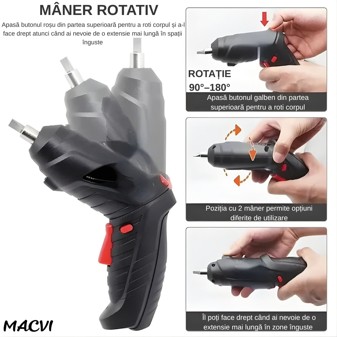 Surubelnita Electrica Portabila Macvi®, 47 Piese Acumulator Reincarcabil Maner Rotativ 90-180° Set Biti si Capete Tubulare Trusa Transport Negru