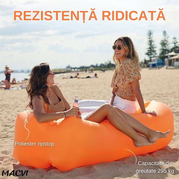Saltea gonflabila tip sezlong Lazybag Macvi®, material rezistent, umflare fara pompa, pentru plaja/picnic/camping, rucsac de depozitare, 190 x 70 cm,Portocaliu