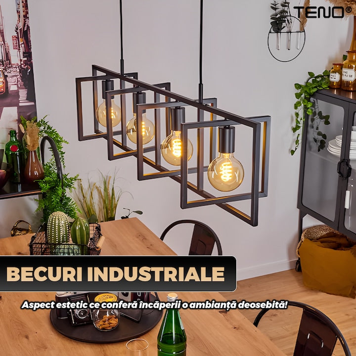 Lustra Teno, 4 cadrane, negru, lumina alb cald, design modern-industrial