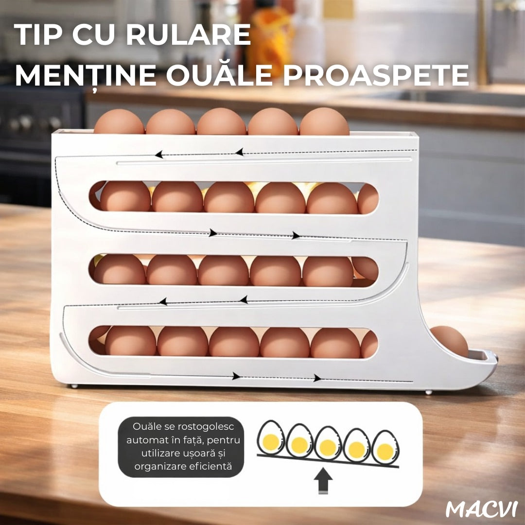 Suport organizator pentru oua Macvi®, 4 niveluri, rulare automata, 30 oua, 36x7x20 cm, alb, economisire inteligenta de spatiu in frigider