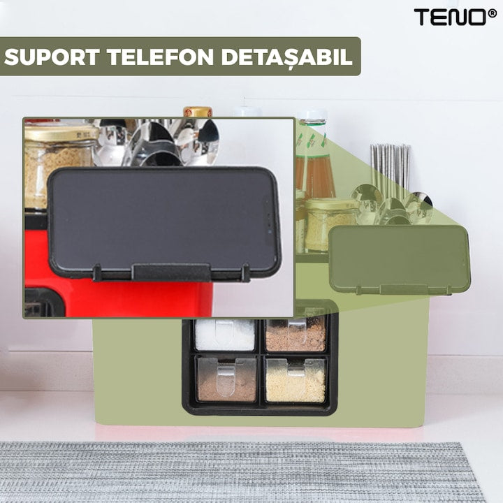 Organizator Multifunctional pentru Bucatarie Teno®, 4 Compartimente, raft condimente, suport detasabil telefon, tavita de scurgere, suport tacamuri/ustensile, verde deschis