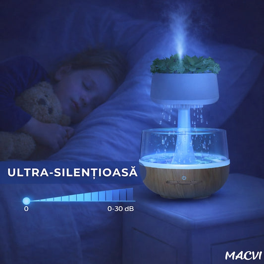 Umidificator decorativ cu efect de ploaie tip nor Macvi® cu LED 7 culori sunet ploaie si element vegetal artificial, 0.3L, Cablu USB