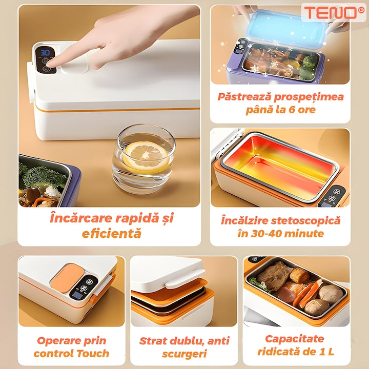 Cutie de Pranz Electrica Teno®, cu incalzitor portabil, otel inoxidabil, pentru adulti, birou, rezistenta, termoizolanta, afisaj digital, alb