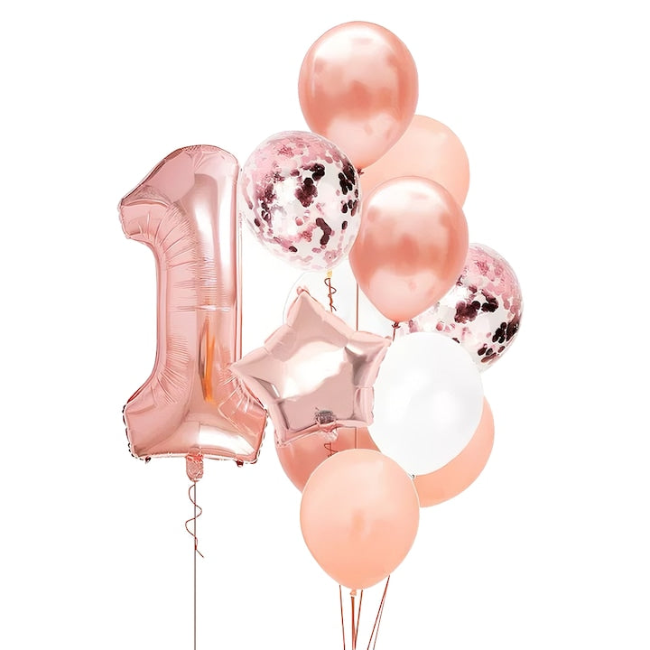 Set 12 Baloane Teno®, Cifra 1, pentru Petreceri/Aniversari/Evenimente, Stea/Rotunde/Confetti, 3 culori, latex, rose gold