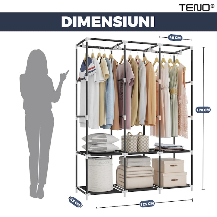Dulap din Material Textil pentru Haine si Incaltaminte Teno®, impermeabil, 8 rafturi, inchidere fermoar, suport umerase, cadru otel, 170 cm, albastru