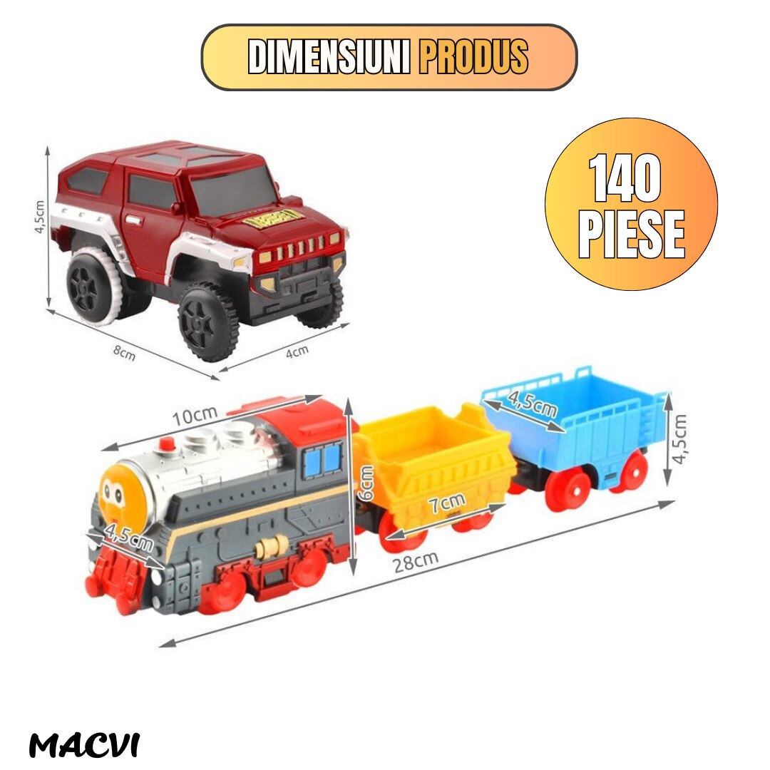 Circuit 2 in 1 XXL Macvi® 140 Piese, 86x74 cm, cu Trenulet Electric si Masinuta, Pod cu Lumini, Pista Rapid Transit de Mare Viteza, Multicolor