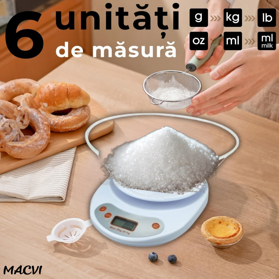 Cantar de Bucatarie Macvi® cu Bol, 5 Kg, Display LCD, Inchidere Automata
