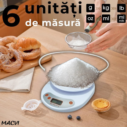 Cantar de Bucatarie Macvi® cu Bol, 5 Kg, Display LCD, Inchidere Automata