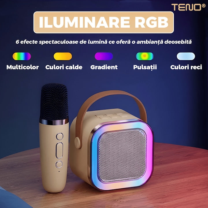 Boxa Portabila Teno®, karaoke, 2 microfoane, 4 porturi, wireless, RBG, Bej